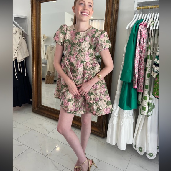 Sister Jane – Metallic- Jacquard Floral Puff Sleeve mini Dress - Picture 1 of 8